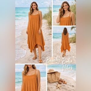 Boho Flowy Orange Spaghetti Strap Midi SunDress Summer Resort Beach Vacation Lg